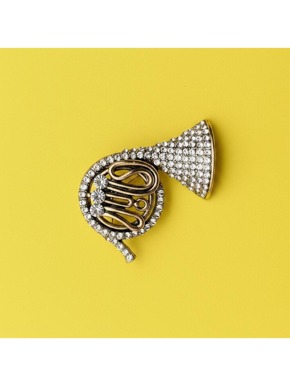 French Horn Brooch with Rhinestones